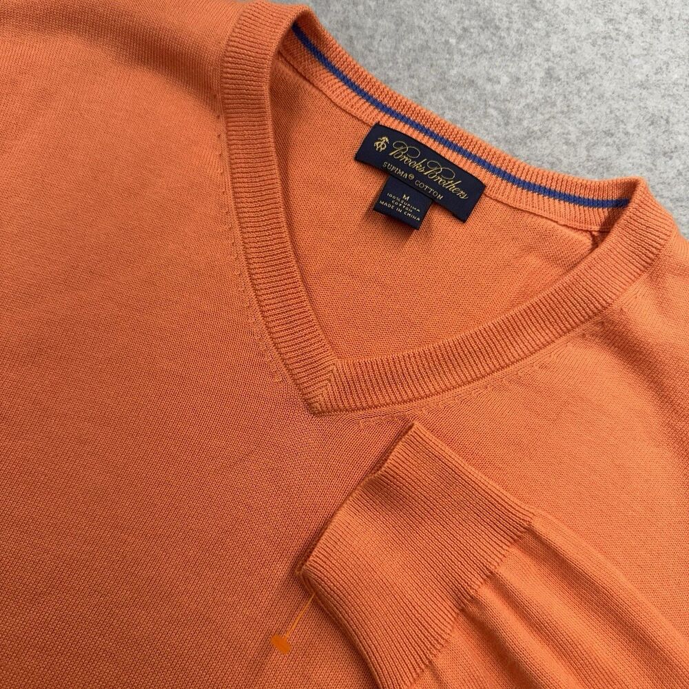 Brooks Brothers Men's Orange Supima Cotton V-Neck Pullover Sweater Size M Preppy